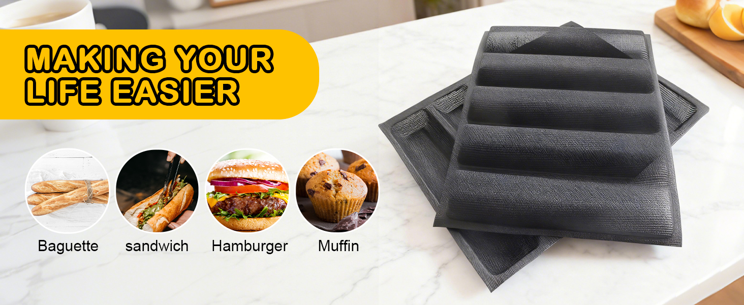 5-Loaf Silicone Perforated Baking Forms for Baguette, French & Sandwich Bread, Perforated Baking Mat Design, Reusable Non-Stick Silicone Mold (18.11x13.19inch, Black)