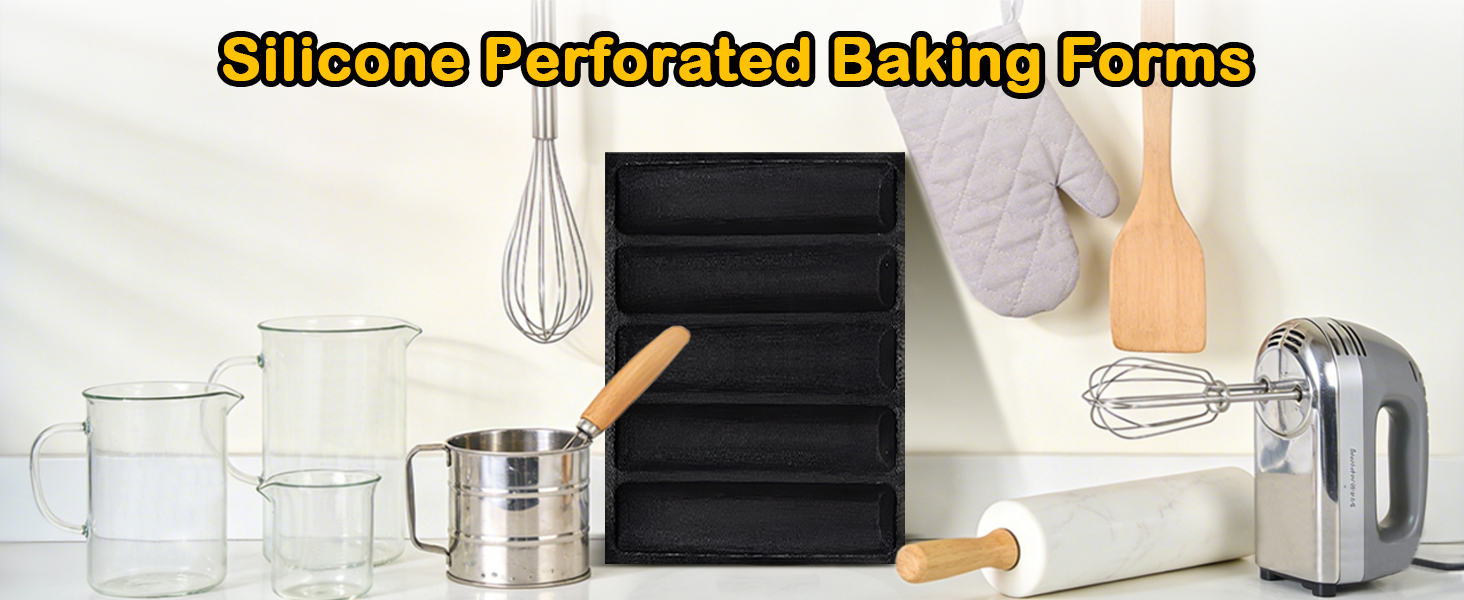 5-Loaf Silicone Perforated Baking Forms for Baguette, French & Sandwich Bread, Perforated Baking Mat Design, Reusable Non-Stick Silicone Mold (18.11x13.19inch, Black)