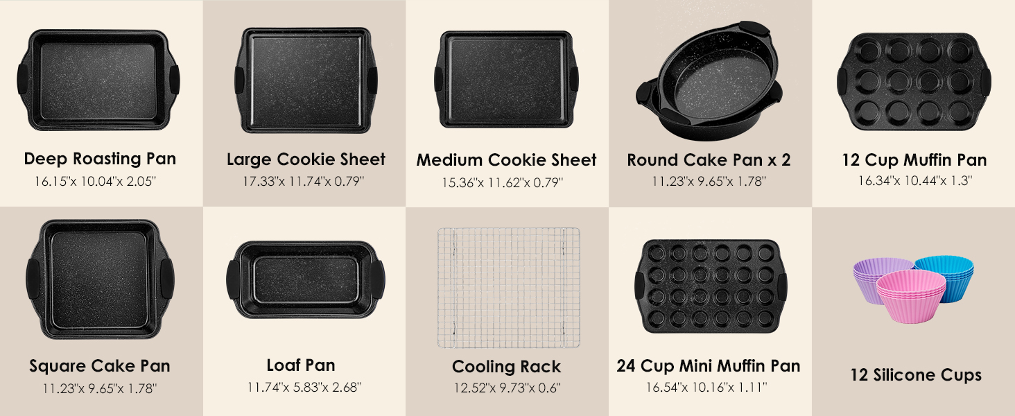 Baking Pans Set Nonstick, Bakeware Sets Stackable with Silicone Handles, AIVIKI 22 Pieces Oven Pan for Cooking Including Baking Cookie Sheet with Rack, Roast Pan, Cake Pan, Loaf Pan, Muffin Pan, Black