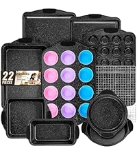 Baking Pans Set Nonstick, Bakeware Sets Stackable with Silicone Handles, AIVIKI 22 Pieces Oven Pan for Cooking Including Baking Cookie Sheet with Rack, Roast Pan, Cake Pan, Loaf Pan, Muffin Pan, Black