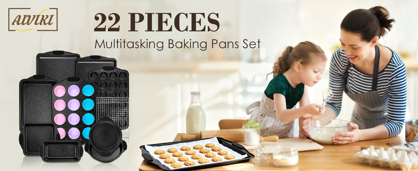 Baking Pans Set Nonstick, Bakeware Sets Stackable with Silicone Handles, AIVIKI 22 Pieces Oven Pan for Cooking Including Baking Cookie Sheet with Rack, Roast Pan, Cake Pan, Loaf Pan, Muffin Pan, Black
