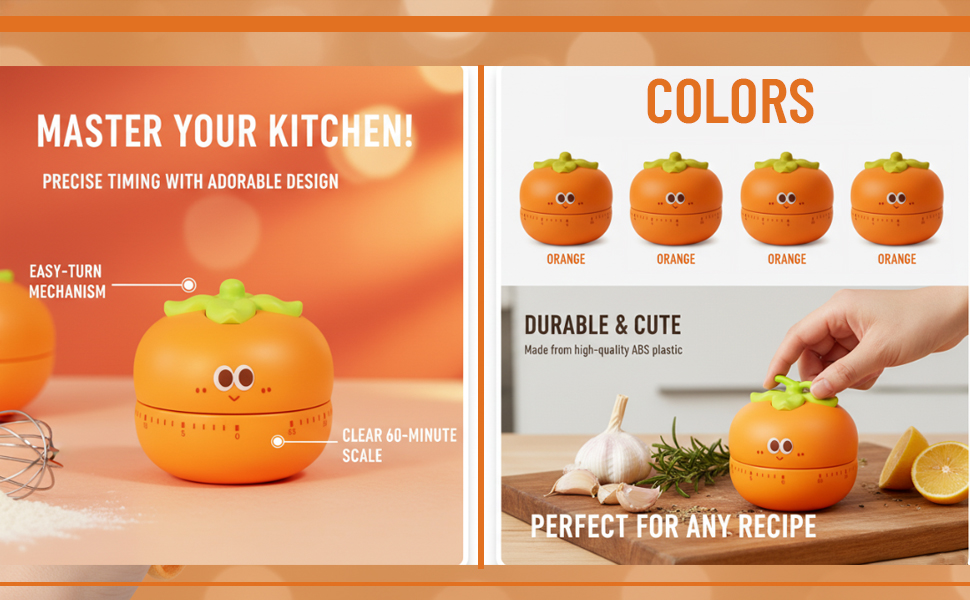 Cute Kitchen Timer with 60-Minute Mechanism, Orange Persimmon Design, Non-Slip Base, Easy-Read Dial, Mechanical Countdown for Cooking and Baking