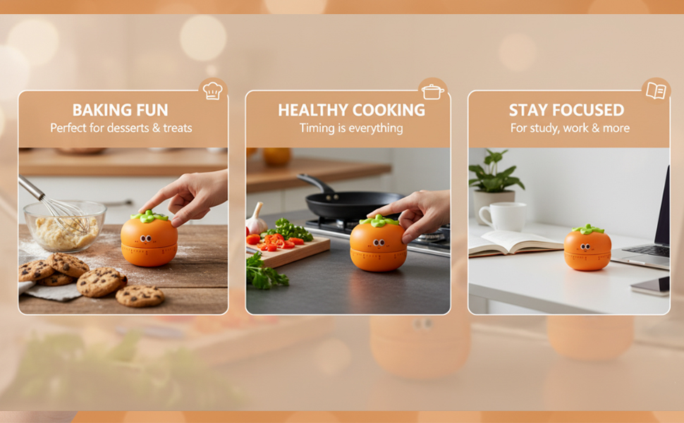 Cute Kitchen Timer with 60-Minute Mechanism, Orange Persimmon Design, Non-Slip Base, Easy-Read Dial, Mechanical Countdown for Cooking and Baking