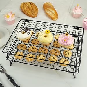 QWORK Stackable Cooling Racks for Baking and Cooking, 2 Pack 13.4x9.4 Inch Nonstick Carbon Steel Wire Rack, Foldable Cooling Rack