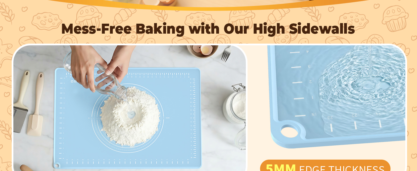 Silicone Baking Mat 28x20 Inches | Extra Thick Dough Rolling Mat with Measurements and Edge Heightening | Non-Stick Food Grade Pastry Mat for Pastry, Bread, Cookies, Pizza, Fondant & Pasta