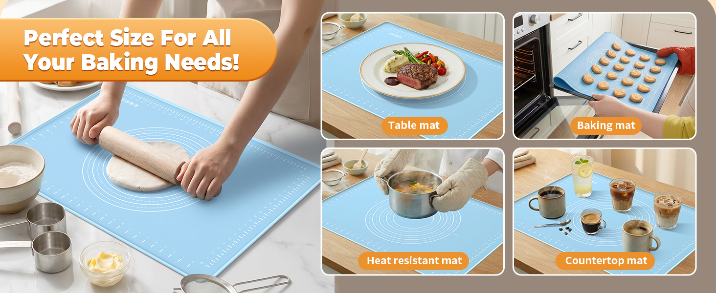 Silicone Baking Mat 28x20 Inches | Extra Thick Dough Rolling Mat with Measurements and Edge Heightening | Non-Stick Food Grade Pastry Mat for Pastry, Bread, Cookies, Pizza, Fondant & Pasta