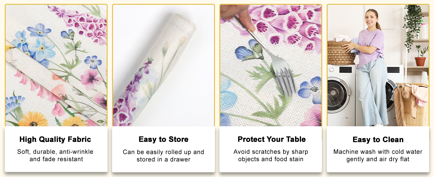 Bonhause Spring Floral Placemats Set of 4, 12x18 Inch Garden Flowers Birds Seasonal Summer Kitchen Dining Table Mats Washable Place Mats for Indoor Outdoor Home Party Decor