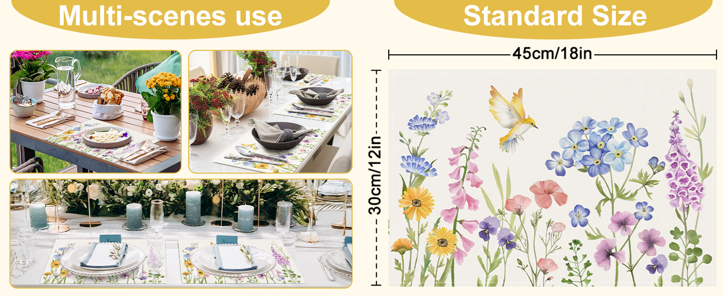 Bonhause Spring Floral Placemats Set of 4, 12x18 Inch Garden Flowers Birds Seasonal Summer Kitchen Dining Table Mats Washable Place Mats for Indoor Outdoor Home Party Decor