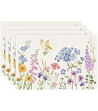 Bonhause Spring Floral Placemats Set of 4, 12x18 Inch Garden Flowers Birds Seasonal Summer Kitchen Dining Table Mats Washable Place Mats for Indoor Outdoor Home Party Decor