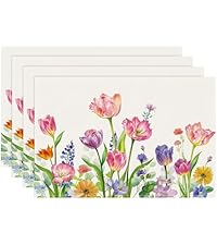 Bonhause Spring Floral Placemats Set of 4, 12x18 Inch Garden Flowers Birds Seasonal Summer Kitchen Dining Table Mats Washable Place Mats for Indoor Outdoor Home Party Decor