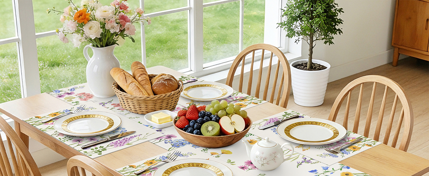 Bonhause Spring Floral Placemats Set of 4, 12x18 Inch Garden Flowers Birds Seasonal Summer Kitchen Dining Table Mats Washable Place Mats for Indoor Outdoor Home Party Decor