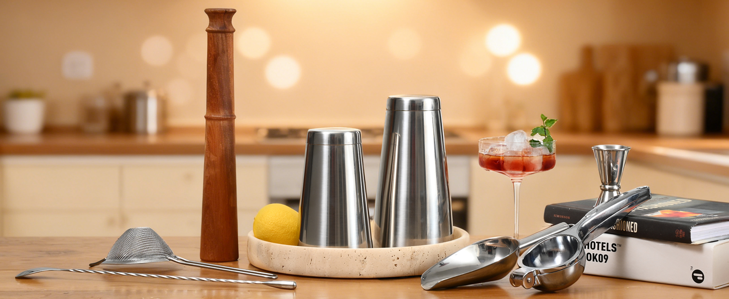 33-Piece Professional Bartender Kit with Weighted Boston Shaker – High End Mixology Set for Home Bar – Stainless Steel Barware Tool Set Unbreakable Citrus Squeezer, Ice Scoop & Mixing Glass