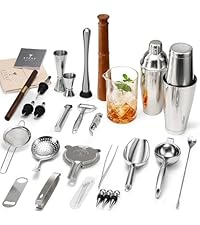 33-Piece Professional Bartender Kit with Weighted Boston Shaker – High End Mixology Set for Home Bar – Stainless Steel Barware Tool Set Unbreakable Citrus Squeezer, Ice Scoop & Mixing Glass