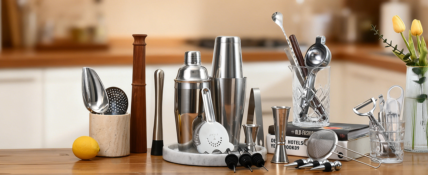 33-Piece Professional Bartender Kit with Weighted Boston Shaker – High End Mixology Set for Home Bar – Stainless Steel Barware Tool Set Unbreakable Citrus Squeezer, Ice Scoop & Mixing Glass