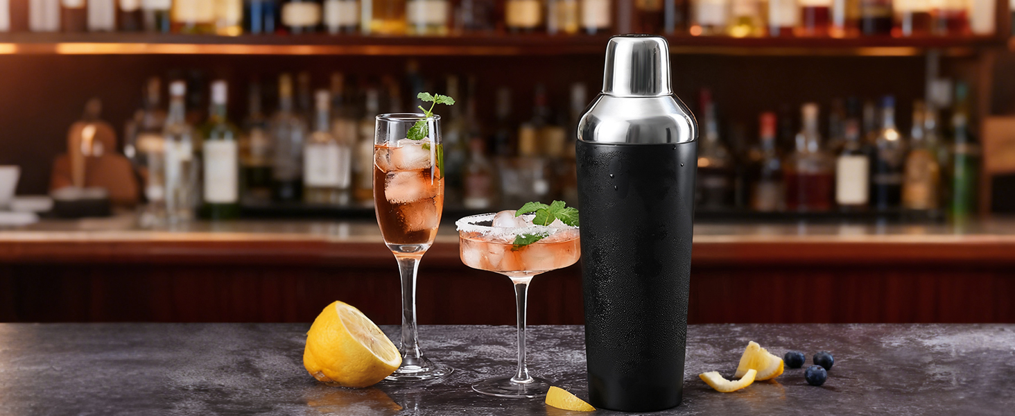 Insulated Cocktail Shaker Black - 23oz Double Wall Vacuum Stainless Steel Martini Shaker with Built-in Strainer & Jigger Lid, Pro Leak-Proof Weighted Shaker for Home Bar, Premium Bar Gift Set