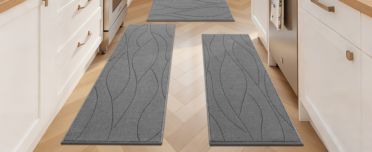 Bsmathom Kitchen Rugs Sets of 3, Non Slip Kitchen Runner, Washable Non Skid Kitchen Rug, Kitchen Floor Mat for Hallway Entryway Laundry Room, Light Gray