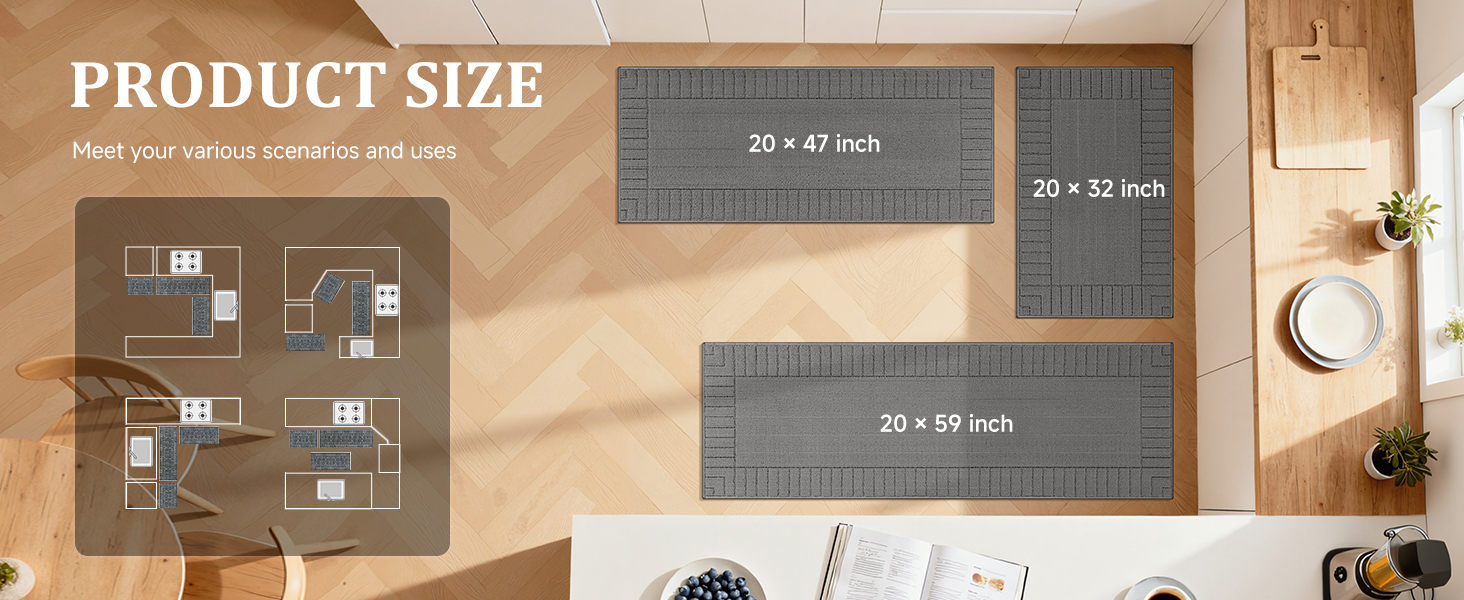 Pauwer Kitchen Mats for Floor 3 Piece Set Non Slip Kitchen Rugs Washable Farmhouse Kitchen Floor Mats Thick Long Area Rug Carpet Runner for Hallway Entryway Laundry Bathroom, Grey