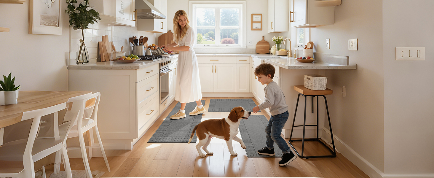 Pauwer Kitchen Mats for Floor 3 Piece Set Non Slip Kitchen Rugs Washable Farmhouse Kitchen Floor Mats Thick Long Area Rug Carpet Runner for Hallway Entryway Laundry Bathroom, Grey