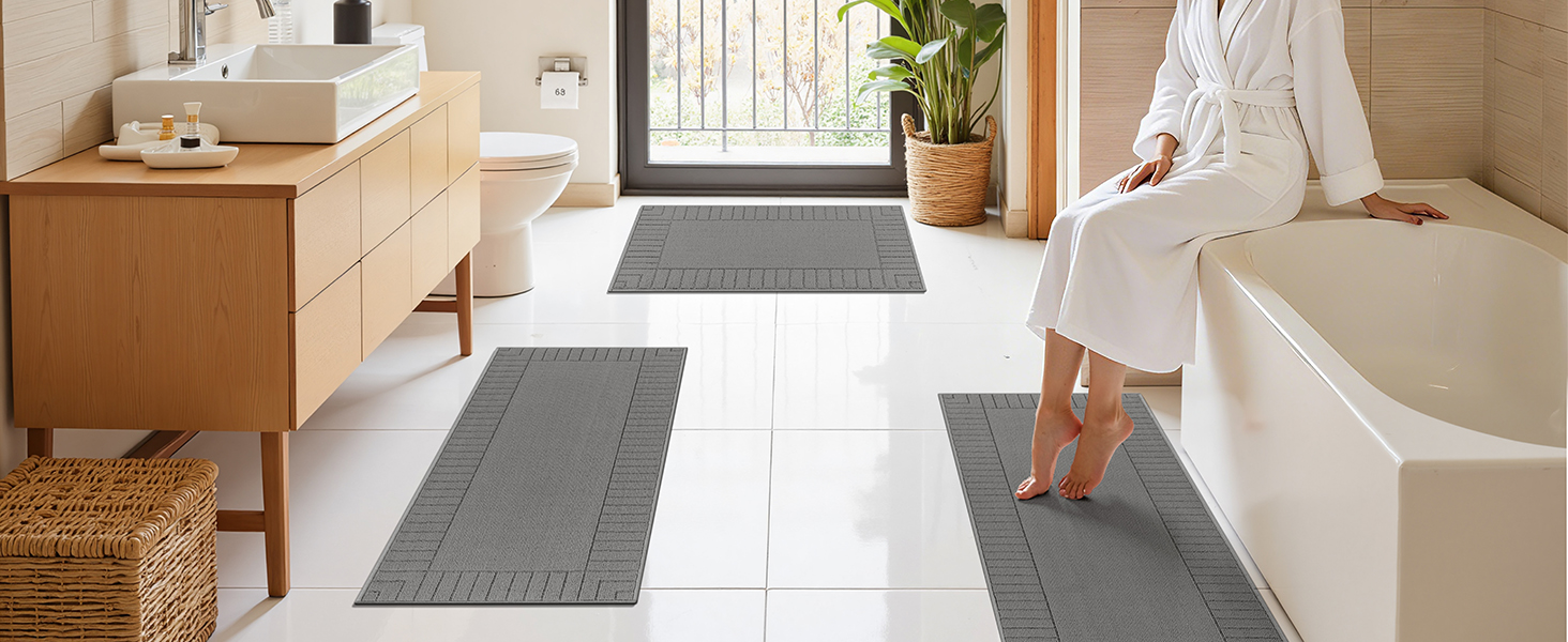 Pauwer Kitchen Mats for Floor 3 Piece Set Non Slip Kitchen Rugs Washable Farmhouse Kitchen Floor Mats Thick Long Area Rug Carpet Runner for Hallway Entryway Laundry Bathroom, Grey