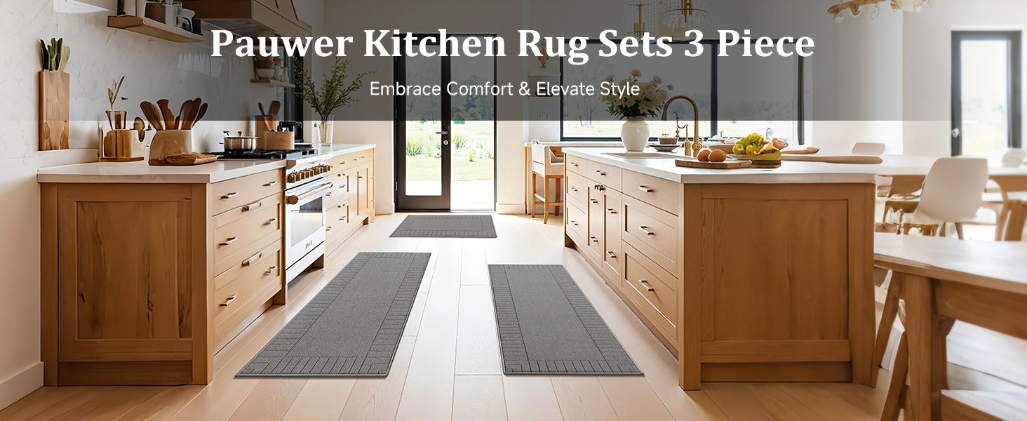 Pauwer Kitchen Mats for Floor 3 Piece Set Non Slip Kitchen Rugs Washable Farmhouse Kitchen Floor Mats Thick Long Area Rug Carpet Runner for Hallway Entryway Laundry Bathroom, Grey