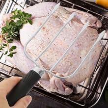 Stainless Steel Turkey Lifter Fork with Four Prongs for Barbecue and Roasting Heavy-duty Meat Carving Tool with Smooth Handle and Hanging Kitchen Meat Handler for Cooking