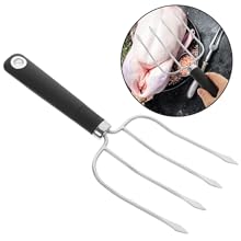 Stainless Steel Turkey Lifter Fork with Four Prongs for Barbecue and Roasting Heavy-duty Meat Carving Tool with Smooth Handle and Hanging Kitchen Meat Handler for Cooking