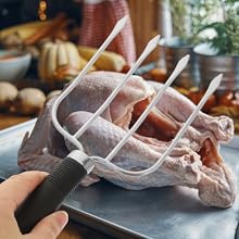 Stainless Steel Turkey Lifter Fork with Four Prongs for Barbecue and Roasting Heavy-duty Meat Carving Tool with Smooth Handle and Hanging Kitchen Meat Handler for Cooking