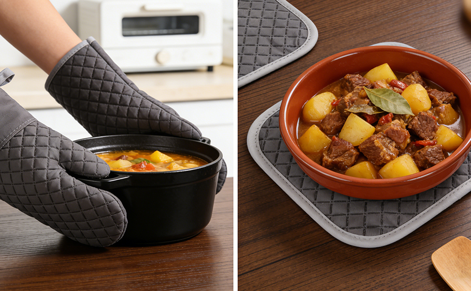 Oven Mitts and Pot Holders 8pcs Set, Cotton Oven Glove with Non-Slip Silicone Surface, Machine Washable Pot Holders, Extra Long Oven mits, Heat Resistant 500 °F, for Cooking, Grilling, Baking