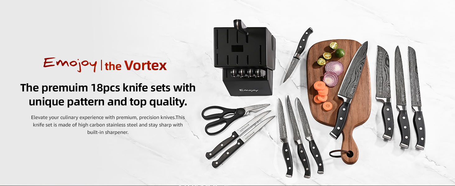 Knife Set, Emojoy 18-Piece Knife Sets for Kitchen with Block, Stainless Steel Kitchen Knives with Built-in Sharpener, Shears and Carving Fork, Black