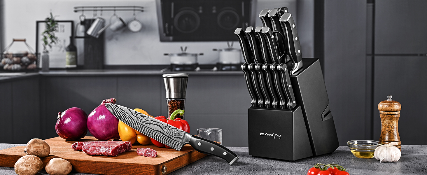 Knife Set, Emojoy 18-Piece Knife Sets for Kitchen with Block, Stainless Steel Kitchen Knives with Built-in Sharpener, Shears and Carving Fork, Black