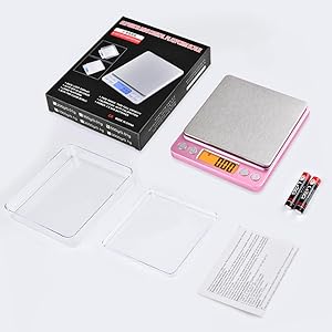 0.01g High Precision Kitchen Food Scale, Diyife 500g Portable Digital Scale with LCD Display, Tare, Multifunctional Gram Scale Weight for Cooking, Baking, Jewelry, 2 Tray, Batteries Included, Pink