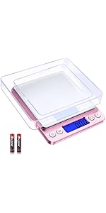 0.01g High Precision Kitchen Food Scale, Diyife 500g Portable Digital Scale with LCD Display, Tare, Multifunctional Gram Scale Weight for Cooking, Baking, Jewelry, 2 Tray, Batteries Included, Pink
