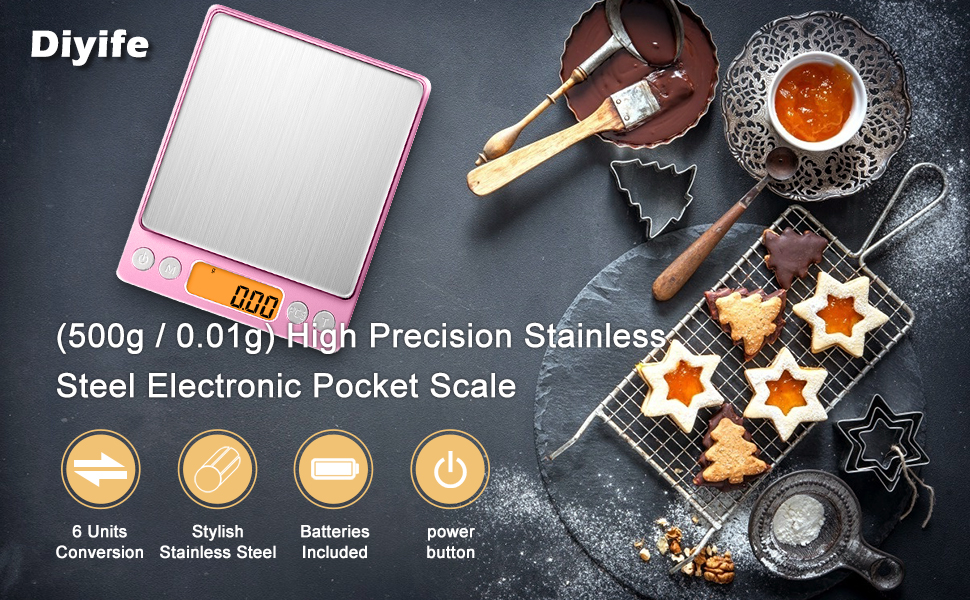 0.01g High Precision Kitchen Food Scale, Diyife 500g Portable Digital Scale with LCD Display, Tare, Multifunctional Gram Scale Weight for Cooking, Baking, Jewelry, 2 Tray, Batteries Included, Pink