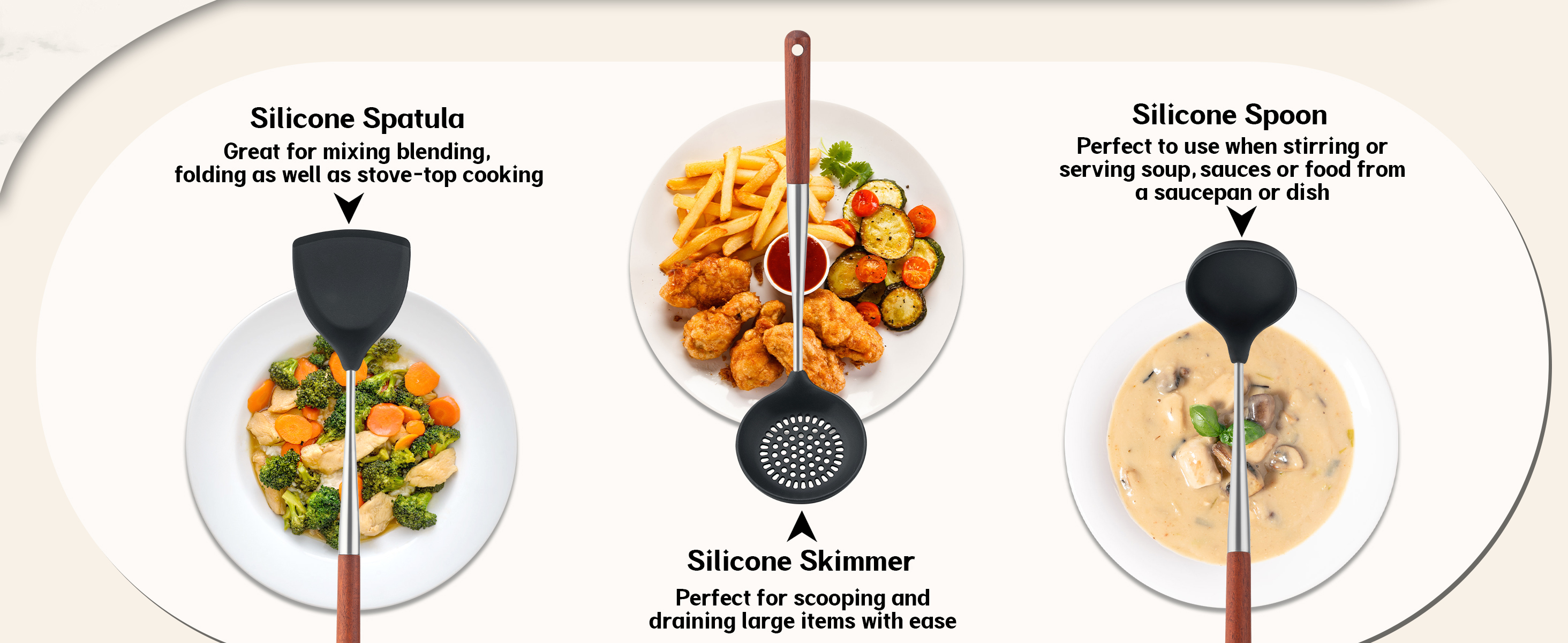 FJNATINH Silicone Spatula - Ladle - Skimmer Wok Tool Set,Stainless Steel Non Stick Heat-Resistant Cooking Utensils BPA Free Kitchen Utensils Cookware with Wooden Handle, Pack of 3