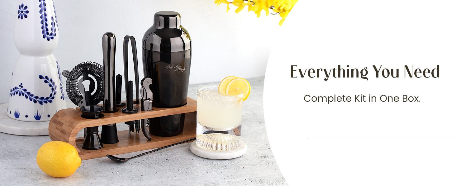 Mixology & Craft Cocktail Shaker Set with Bamboo Stand - Professional 18oz 10-Piece Bartender Kit - Complete Bar Set & Cocktail Mixer Kit for Home (Silver)