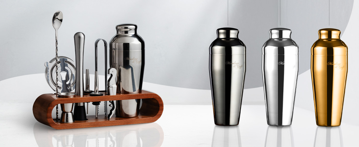 Mixology & Craft Cocktail Shaker Set with Dark Bamboo Stand - Professional 18oz 10-Piece Bartender Kit - Complete Bar Set & Cocktail Mixer Kit for Home (Silver)