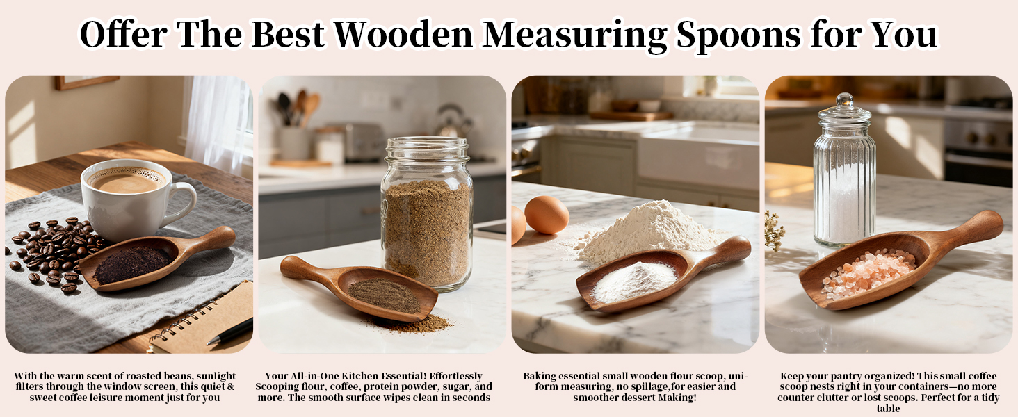 Wooden Coffee Scoops for Canisters - 2 PCS Large Measuring Spoons for Ground Coffee, Flour, Bath Salt, Laundry Detergent Acacia Wood Scoops for Jars Multi-Purpose Kitchen and Bath