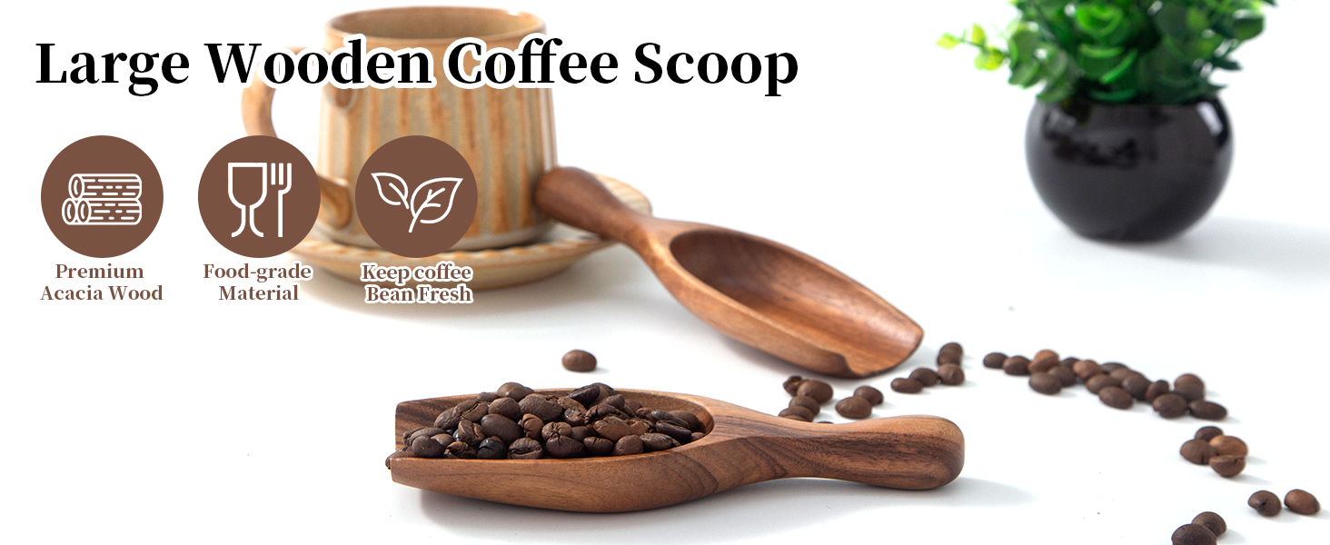 Wooden Coffee Scoops for Canisters - 2 PCS Large Measuring Spoons for Ground Coffee, Flour, Bath Salt, Laundry Detergent Acacia Wood Scoops for Jars Multi-Purpose Kitchen and Bath