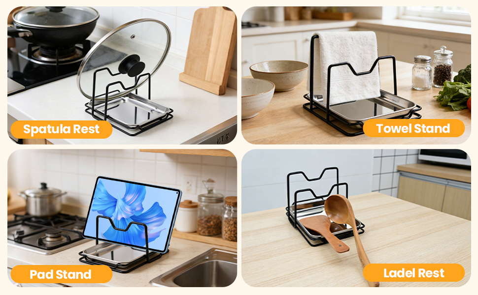 Pot Lid Holder While Cooking with 304 Stainless Steel Drip Tray, Lid and Spoon Rest, Multifunctional Countertop Organizer for Kitchen Spoon and Spatula While Cooking