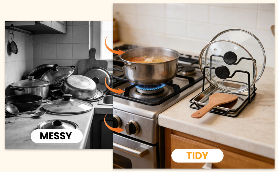 Pot Lid Holder While Cooking with 304 Stainless Steel Drip Tray, Lid and Spoon Rest, Multifunctional Countertop Organizer for Kitchen Spoon and Spatula While Cooking