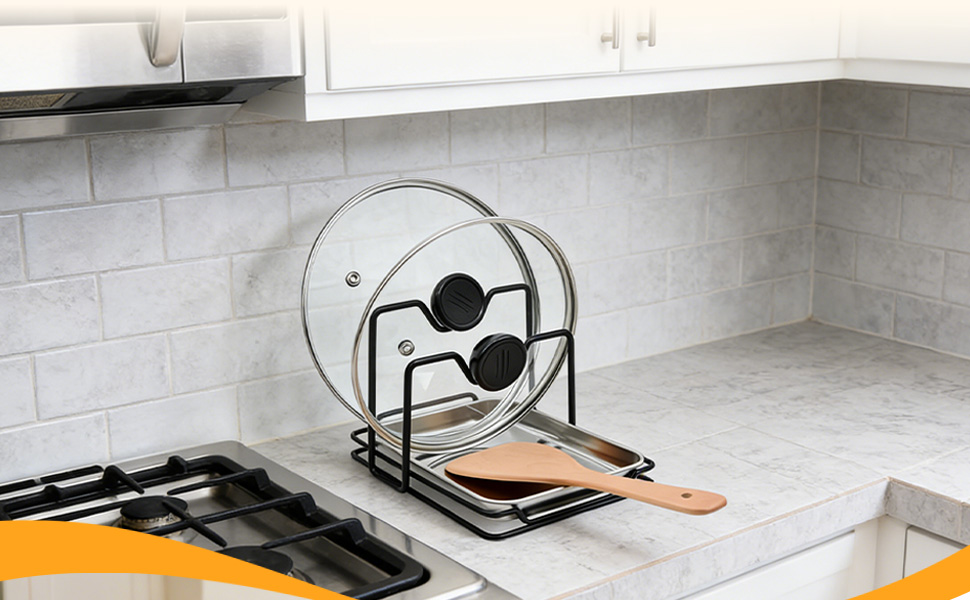 Pot Lid Holder While Cooking with 304 Stainless Steel Drip Tray, Lid and Spoon Rest, Multifunctional Countertop Organizer for Kitchen Spoon and Spatula While Cooking