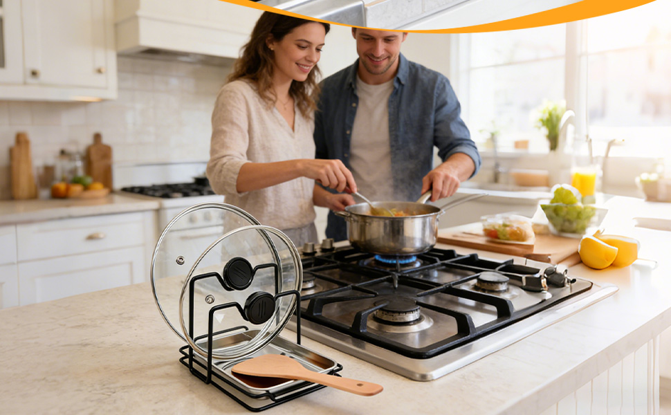 Pot Lid Holder While Cooking with 304 Stainless Steel Drip Tray, Lid and Spoon Rest, Multifunctional Countertop Organizer for Kitchen Spoon and Spatula While Cooking