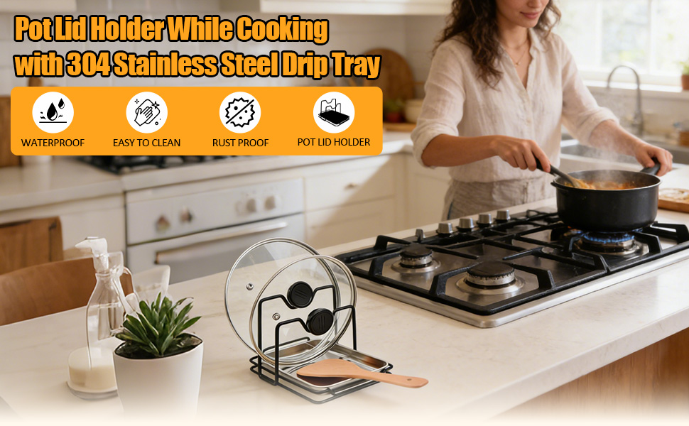 Pot Lid Holder While Cooking with 304 Stainless Steel Drip Tray, Lid and Spoon Rest, Multifunctional Countertop Organizer for Kitchen Spoon and Spatula While Cooking