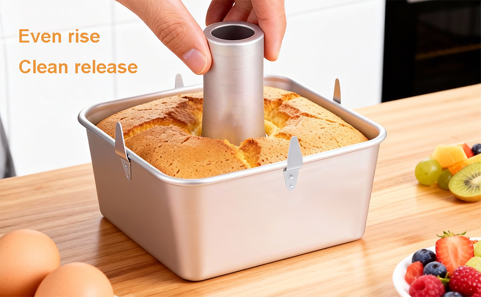 Roicaholy Square Angel Food Cake Pan with Removable Bottom, 9.5 Inch Aluminum Alloy Tube Pan with Cooling Feet, 24-Cup Capacity for Chiffon and Sponge Cakes