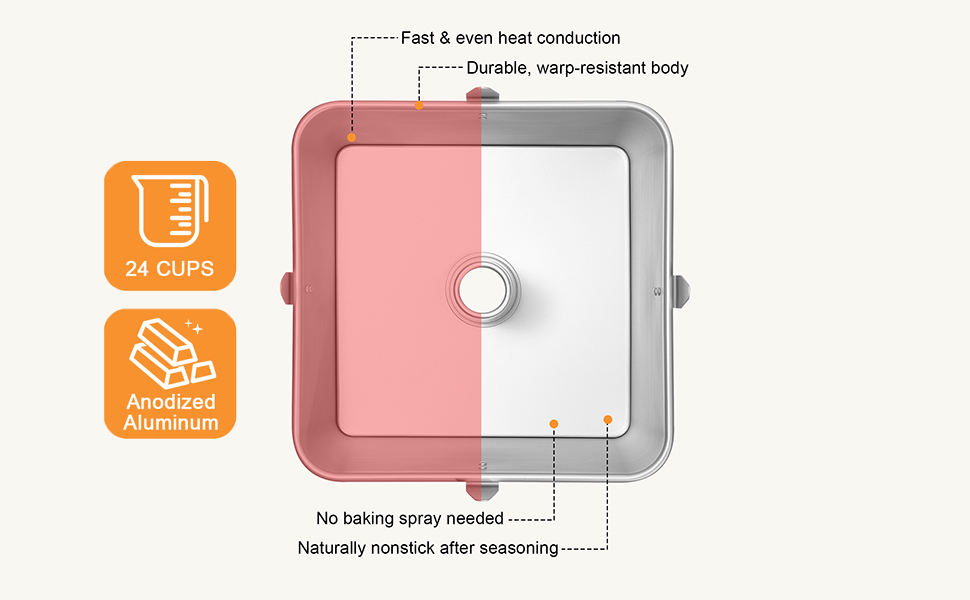 Roicaholy Square Angel Food Cake Pan with Removable Bottom, 9.5 Inch Aluminum Alloy Tube Pan with Cooling Feet, 24-Cup Capacity for Chiffon and Sponge Cakes