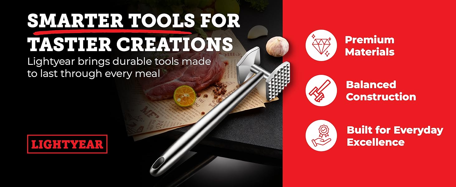 Lightyear Meat Hammer 304 Stainless Steel Meat Tenderizer Tool, Kitchen Mallet for Cooking, Ice Cracking, Shellfish Prep, Crush Spices and Nuts with Ease - All Metal Food Hammer for Daily Use