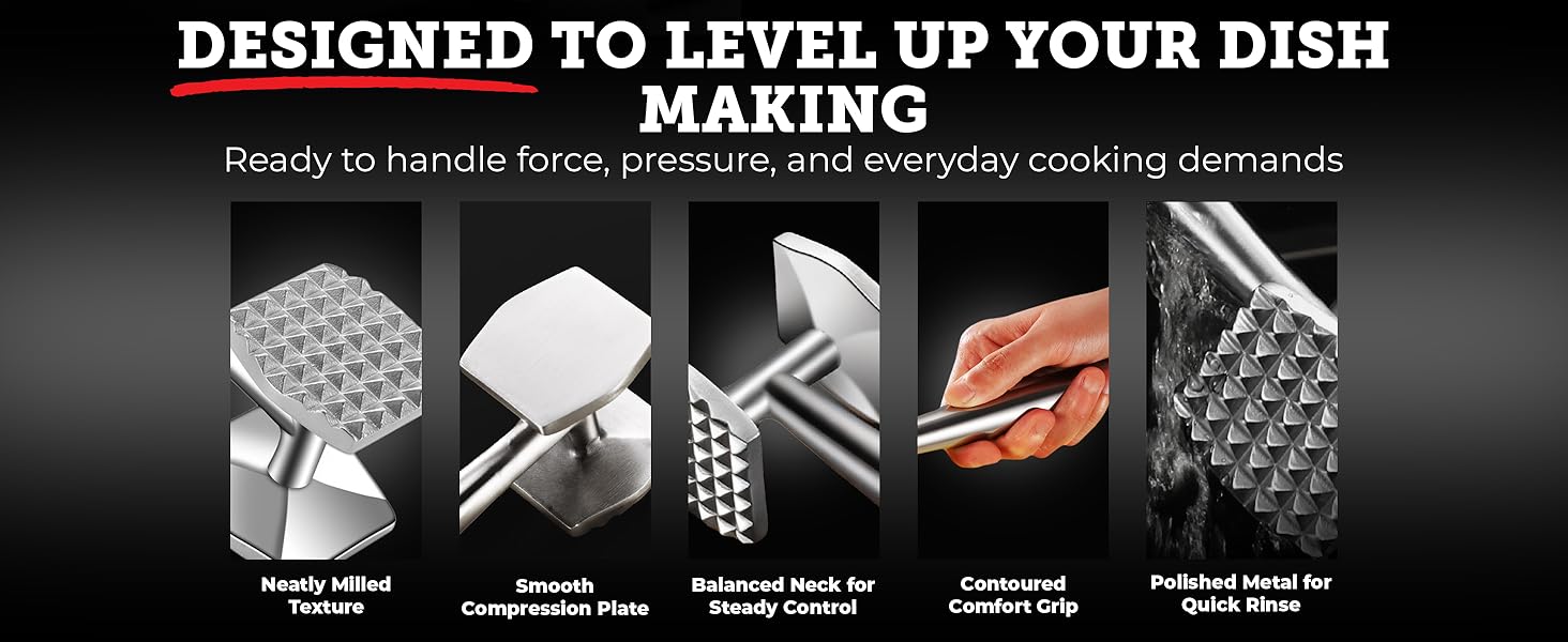 Lightyear Meat Hammer 304 Stainless Steel Meat Tenderizer Tool, Kitchen Mallet for Cooking, Ice Cracking, Shellfish Prep, Crush Spices and Nuts with Ease - All Metal Food Hammer for Daily Use