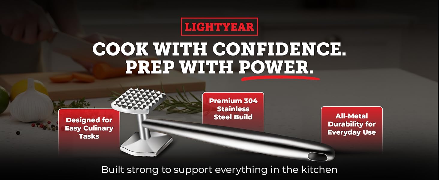 Lightyear Meat Hammer 304 Stainless Steel Meat Tenderizer Tool, Kitchen Mallet for Cooking, Ice Cracking, Shellfish Prep, Crush Spices and Nuts with Ease - All Metal Food Hammer for Daily Use