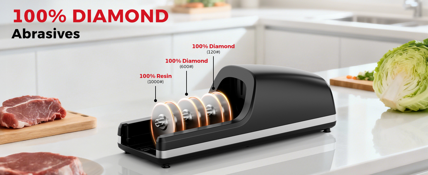 Professional Electric Knife Sharpener, 3-Stage Diamond Abrasive Sharpening System, Replaceable Sharpening Heads, 15° Precision Angle Guide for Kitchen Knives, Quick Blade Repair and Restoration