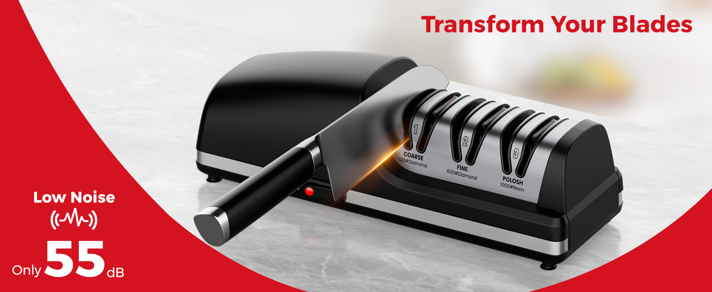 Professional Electric Knife Sharpener, 3-Stage Diamond Abrasive Sharpening System, Replaceable Sharpening Heads, 15° Precision Angle Guide for Kitchen Knives, Quick Blade Repair and Restoration